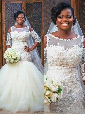 Trumpet/Mermaid Jewel 1/2 Sleeves Floor-Length Applique Tulle Wedding Dresses