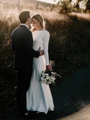 Sheath/Column Jewel Long Sleeves Floor-Length Ruffles Elastic Woven Satin Wedding Dresses