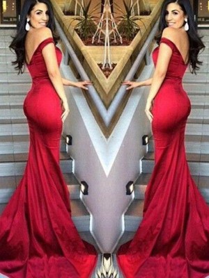 Sheath/Column Off-the-Shoulder Sleeveless Sweep/Brush Train Ruffles Satin Dresses