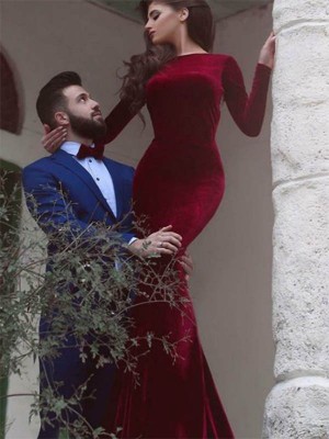 Sheath/Column Jewel Long Sleeves Floor-Length Ruffles Velvet Dresses