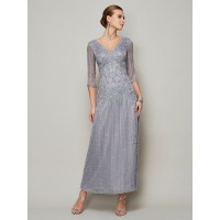 Sheath/Column V-neck 1/2 Sleeves Beading Long Elastic Woven Satin Mother of the Bride Dresses