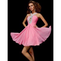 A-Line/Princess V-neck Sleeveless Beading Sequin Short Chiffon Homecoming Dresses