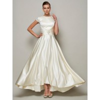 A-Line/Princess Scoop Short Sleeves Beading Long Satin Mother of the Bride Dresses