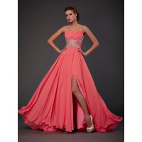 A-Line/Princess Scoop Sleeveless Lace Sweep/Brush Train Chiffon Dresses