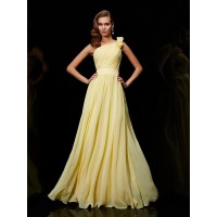 A-Line/Princess One-Shoulder Sleeveless Hand-Made Flower Long Chiffon Bridesmaid Dresses
