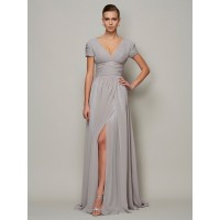 A-Line/Princess V-neck Short Sleeves Long Chiffon Mother of the Bride Dresses