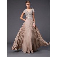 A-Line/Princess V-neck Short Sleeves Beading Long Chiffon Mother of the Bride Dresses