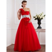 Ball Gown One-Shoulder Sleeveless Hand-Made Flower Long Net Quinceanera Dresses