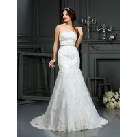Trumpet/Mermaid Strapless Beading Sleeveless Long Lace Wedding Dresses