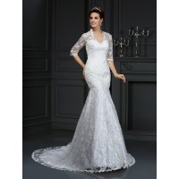 Trumpet/Mermaid V-neck Lace 1/2 Sleeves Long Lace Wedding Dresses