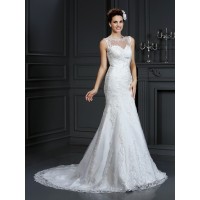 Sheath/Column Bateau Lace Sleeveless Long Satin Wedding Dresses