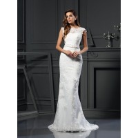 A-Line/Princess Bateau Lace Sleeveless Long Satin Wedding Dresses