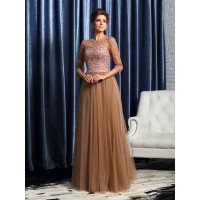 A-Line/Princess Scoop 3/4 Sleeves Long Elastic Woven Satin Mother of the Bride Dresses