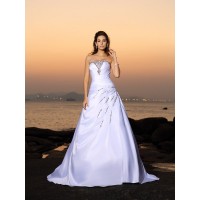 A-Line/Princess Strapless Beading Sleeveless Long Satin Beach Wedding Dresses