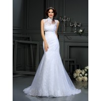 Trumpet/Mermaid Sweetheart Lace Sleeveless Long Satin Wedding Dresses