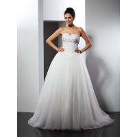 A-Line/Princess Sweetheart Applique Sleeveless Long Net Wedding Dresses
