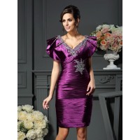 Sheath/Column V-neck Beading Sleeveless Short Elastic Woven Satin Mother of the Bride Dresses