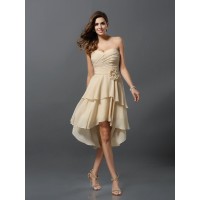 A-Line/Princess Sweetheart Hand-Made Flower Sleeveless High Low Chiffon Bridesmaid Dresses