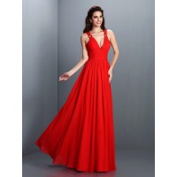 A-Line/Princess V-neck Pleats Sleeveless Long Chiffon Bridesmaid Dresses