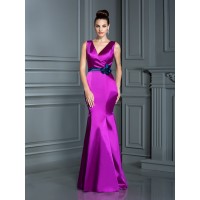 Trumpet/Mermaid V-neck Hand-Made Flower Sleeveless Long Elastic Woven Satin Bridesmaid Dresses