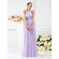 A-Line/Princess One-Shoulder Pleats Hand-Made Flower Sleeveless Long Chiffon Bridesmaid Dresses