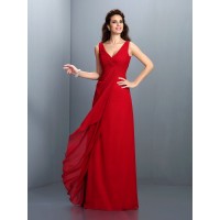 A-Line/Princess Straps Pleats Sleeveless Long Chiffon Bridesmaid Dresses