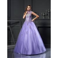 Ball Gown High Neck Beading Sleeveless Long Net Quinceanera Dresses