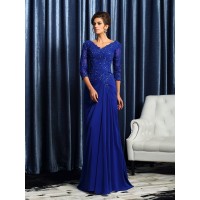 A-Line/Princess V-neck Applique 3/4 Sleeves Long Chiffon Mother of the Bride Dresses
