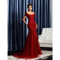 Trumpet/Mermaid Off-the-Shoulder Beading Short Sleeves Long Satin Mother of the Bride Dresses