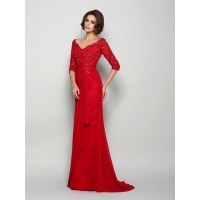 A-Line/Princess V-neck Beading 1/2 Sleeves Applique Long Chiffon Mother of the Bride Dresses