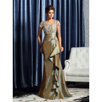 Trumpet/Mermaid Scoop Beading Short Sleeves Applique Long Taffeta Mother of the Bride Dresses