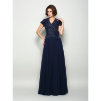A-Line/Princess V-neck Beading Short Sleeves Long Chiffon Mother of the Bride Dresses