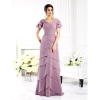 Sheath/Column V-neck Short Sleeves Long Chiffon Mother of the Bride Dresses