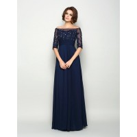 A-Line/Princess Off-the-Shoulder Beading 1/2 Sleeves Long Chiffon Mother of the Bride Dresses
