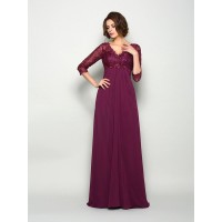 A-Line/Princess V-neck Beading 3/4 Sleeves Long Chiffon Mother of the Bride Dresses