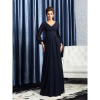 A-Line/Princess V-neck Beading Long Sleeves Long Chiffon Mother of the Bride Dresses