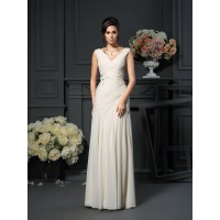 Sheath/Column V-neck Beading Sleeveless Long Chiffon Mother of the Bride Dresses