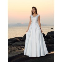 A-Line/Princess V-neck Beading Sleeveless Long Taffeta Beach Wedding Dresses