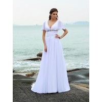 A-Line/Princess V-neck Ruffles Short Sleeves Long Chiffon Beach Wedding Dresses