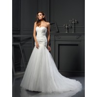 Trumpet/Mermaid Sweetheart Applique Sleeveless Long Tulle Wedding Dresses