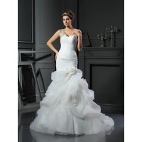 Trumpet/Mermaid Sweetheart Ruffles Sleeveless Long Satin Wedding Dresses