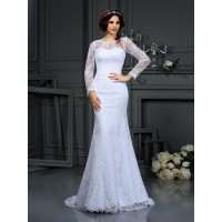 Sheath/Column Scoop Lace Long Sleeves Long Satin Wedding Dresses