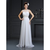 A-Line/Princess Bateau Ruffles Sleeveless Long Chiffon Wedding Dresses