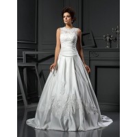 A-Line/Princess High Neck Applique Sleeveless Long Satin Wedding Dresses