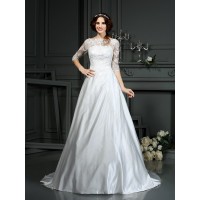 A-Line/Princess Bateau Lace 1/2 Sleeves Long Satin Wedding Dresses