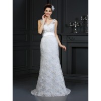 Trumpet/Mermaid Sweetheart Applique Sleeveless Long Lace Wedding Dresses