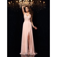 A-Line/Princess Halter Lace Sleeveless Long Chiffon Dresses