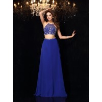 A-Line/Princess High Neck Beading Sleeveless Long Chiffon Two Piece Dresses