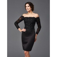 Sheath/Column Off-the-Shoulder Lace Long Sleeves Short Satin Mother of the Bride Dresses