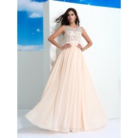A-Line/Princess Sheer Neck Beading Sleeveless Long Chiffon Dresses